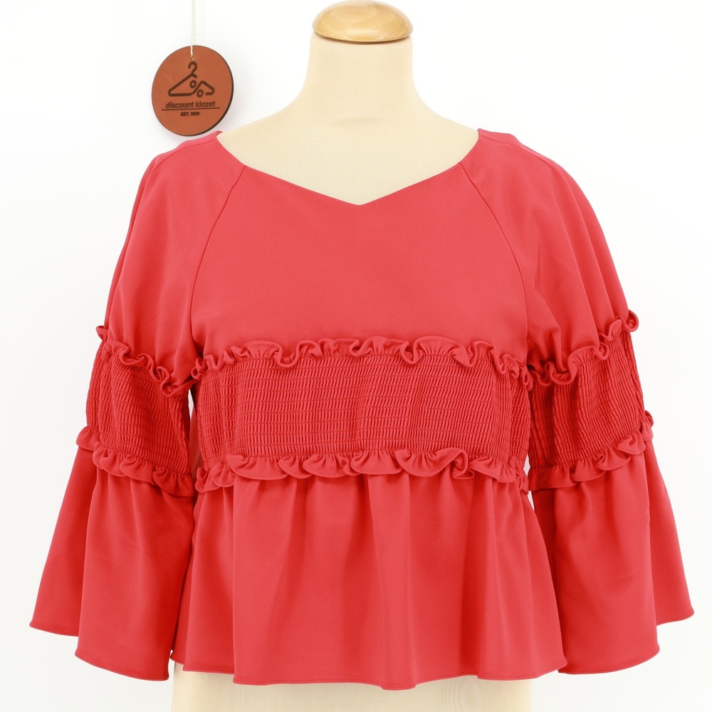 Tibi Red Smocked Ruffle Sleeve Blouse Top Women's Size Medium NWOT